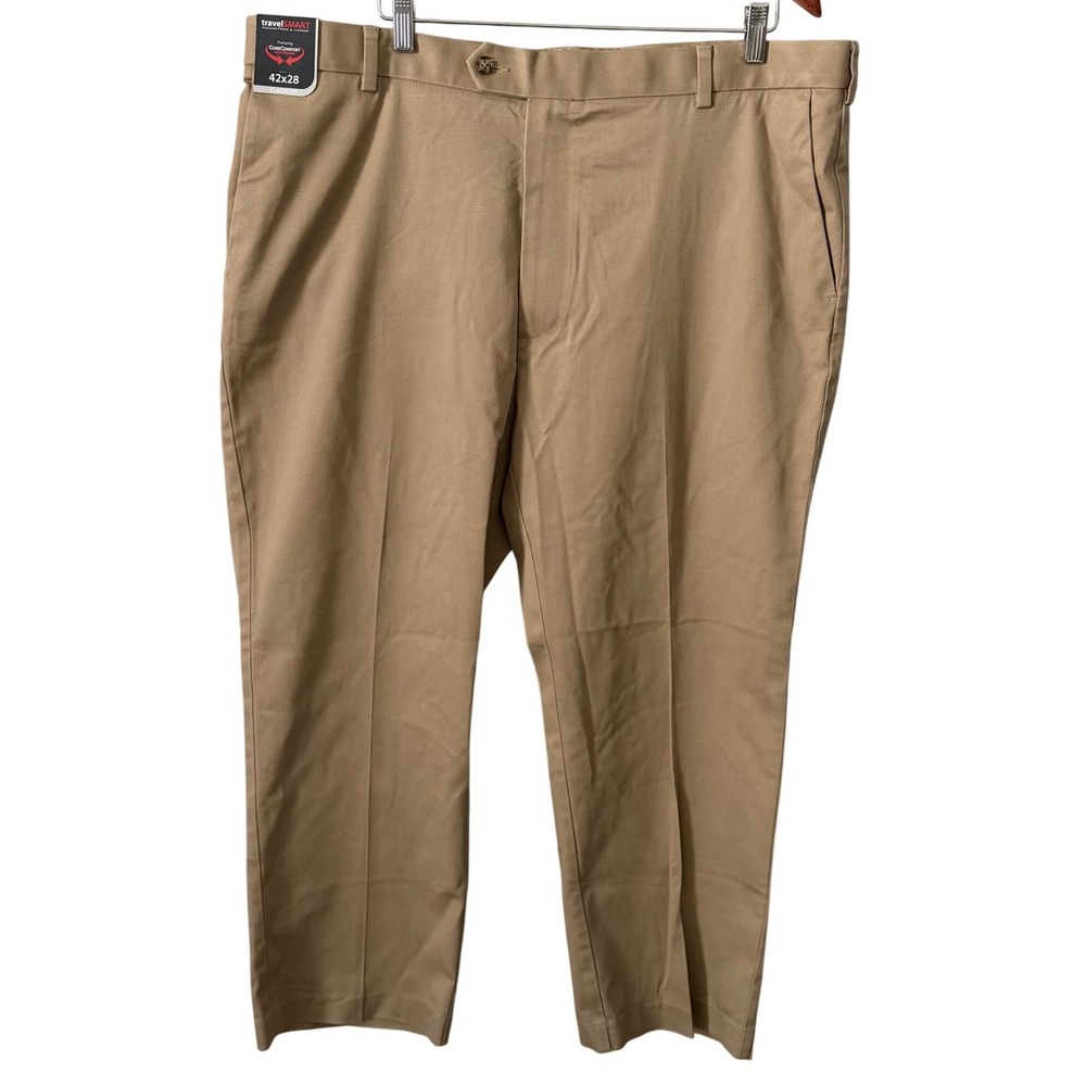 Roundtree & Yorke TravelSmart Khaki Chino Pants Men 42x28 CoreComfort Flat Front